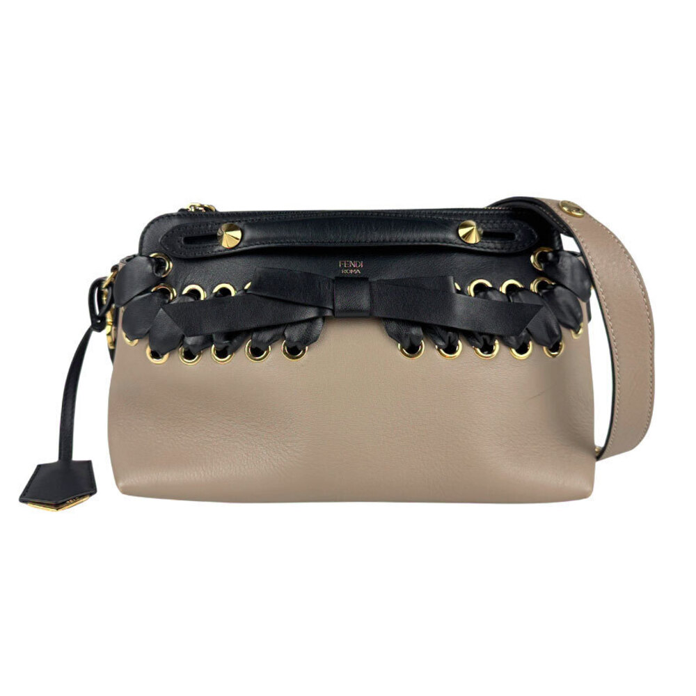 Fendi Shoulder Bag Handbag By The Way Leather Beige Cream x Black